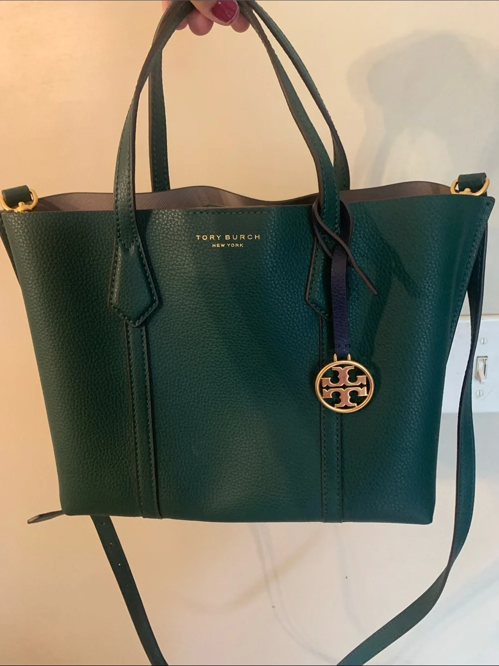 Tory Burch Deep Green Pebbled Leather Tote with Logo Charm